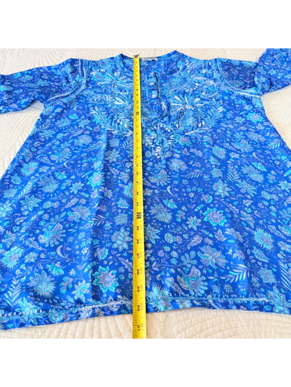 Dolma Blue 100% Silk Floral Embroidered Boho Coastal Resortwear Tunic XL - Picture 17 of 17